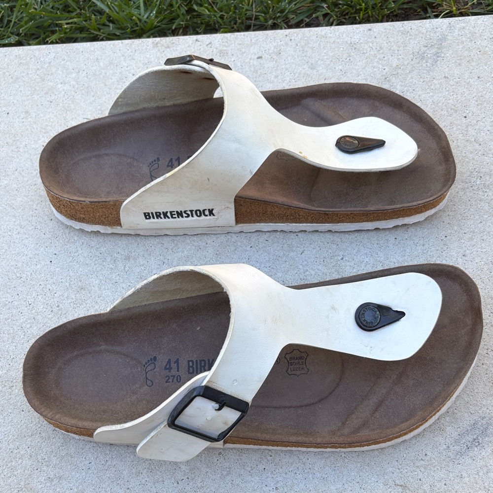Birkenstock White Thong Sandals with Brown Footbed - Picture 2 of 10
